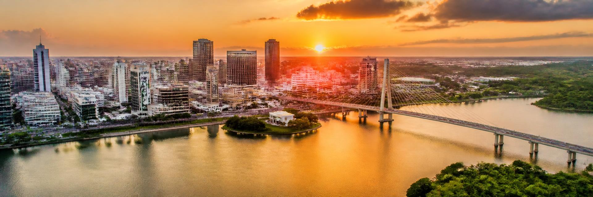 Aerial city view of Abidjan, Ivory Coast at golden hour